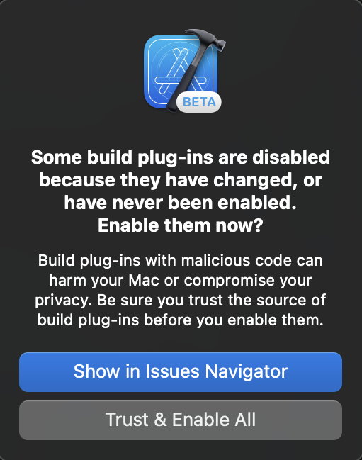 Xcode's Trust Plugin dialog